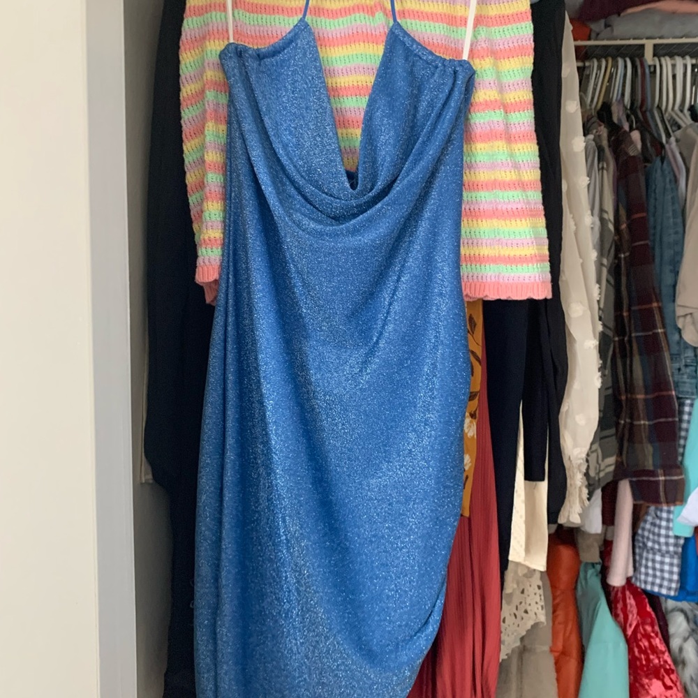 Ruched Cowl Neck Sparkle Dress